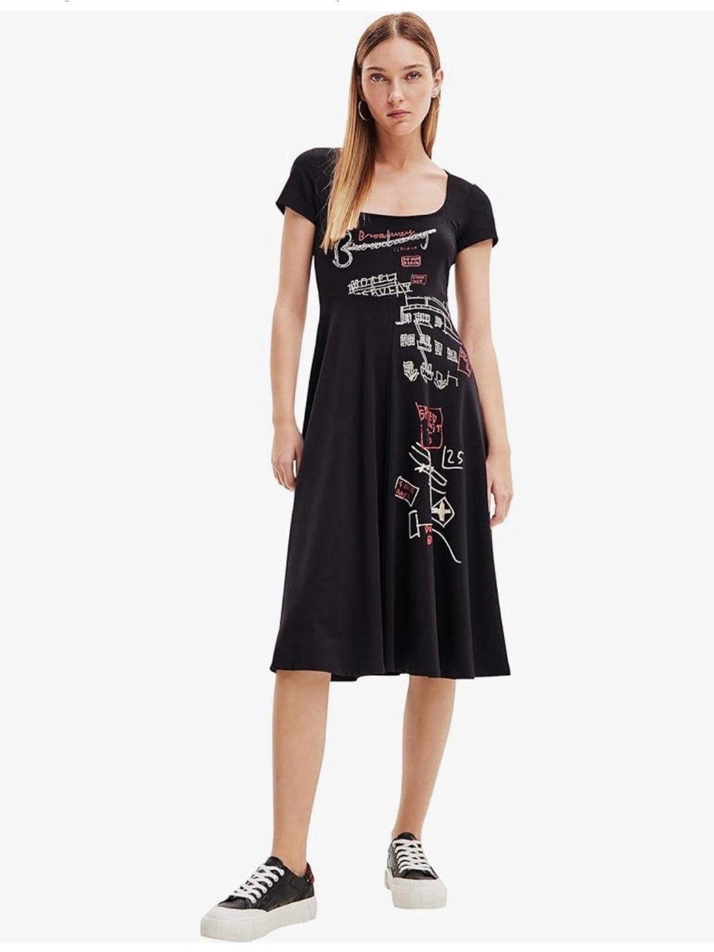 NEW DESIGUAL Arty graphic dress in black size L
